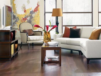 living room with laminate wood flooring - white sofa with pillows - coffee table